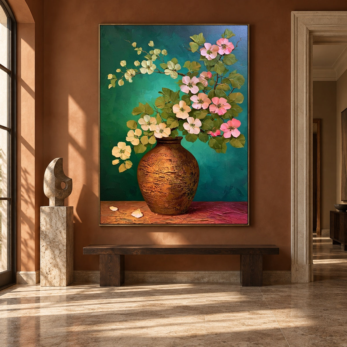 Blossoms over Turquoise - interior setting 6 - expressive contemporary art painting