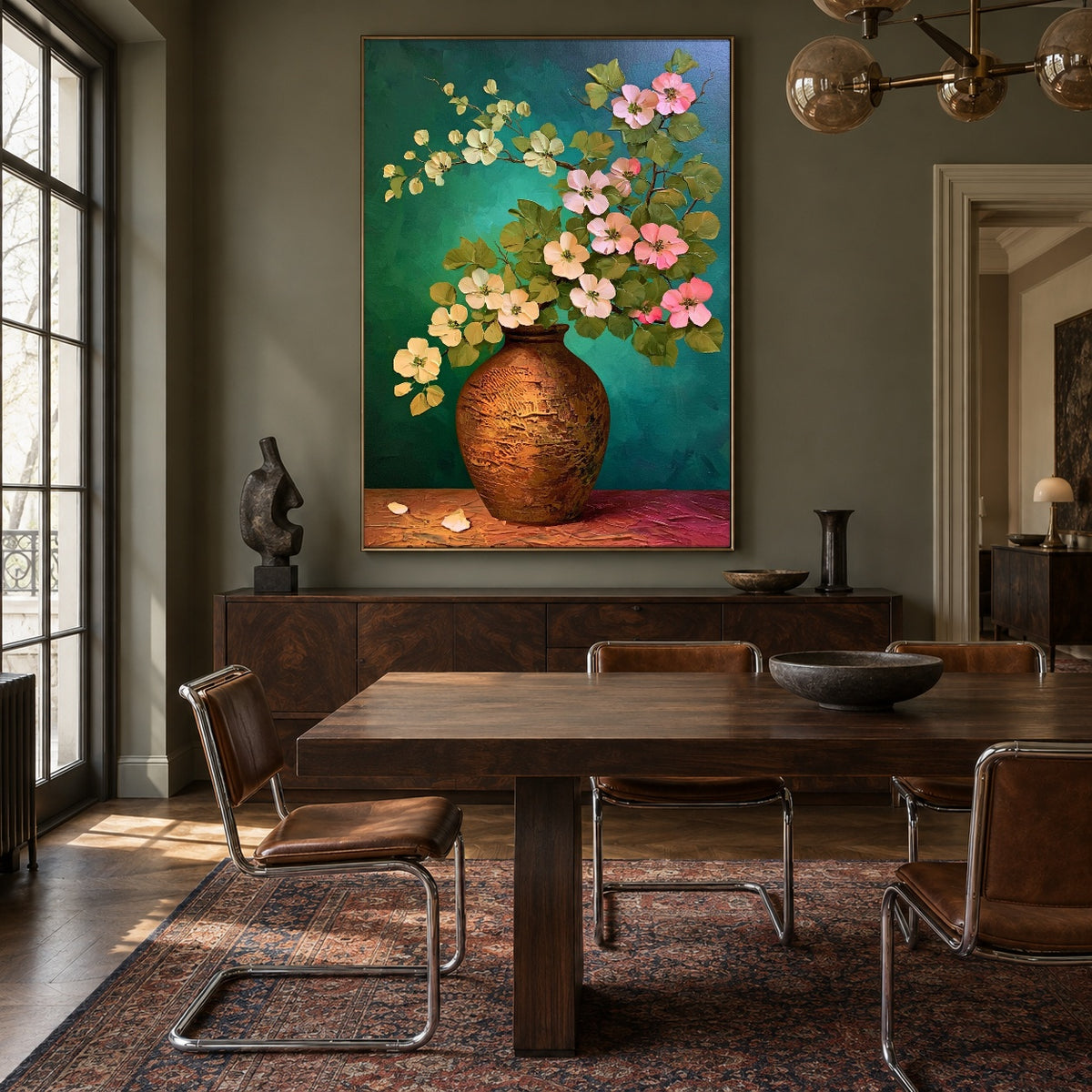 Blossoms over Turquoise - interior setting 8 - expressive contemporary art painting
