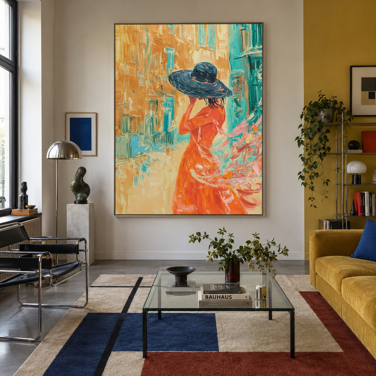 Blue Hat Golden Street - front-view living-room hero - expressive contemporary art painting