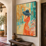 Blue Hat Golden Street - oblique view - expressive contemporary art painting