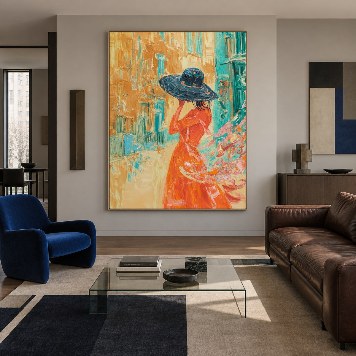 Blue Hat Golden Street - interior setting 3 - expressive contemporary art painting