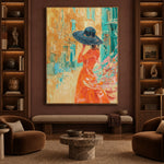 Blue Hat Golden Street - interior setting 5 - expressive contemporary art painting