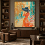 Blue Hat Golden Street - interior setting 6 - expressive contemporary art painting