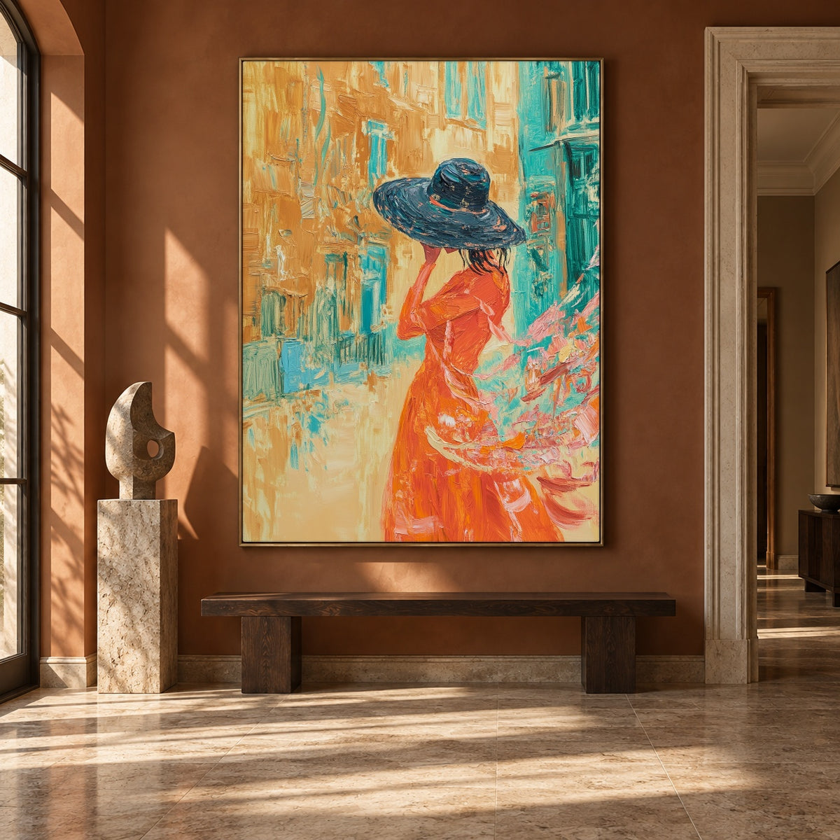 Blue Hat Golden Street - interior setting 7 - expressive contemporary art painting