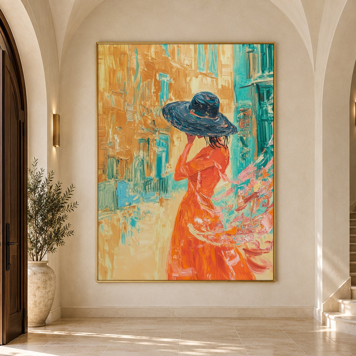 Blue Hat Golden Street - interior setting 8 - expressive contemporary art painting