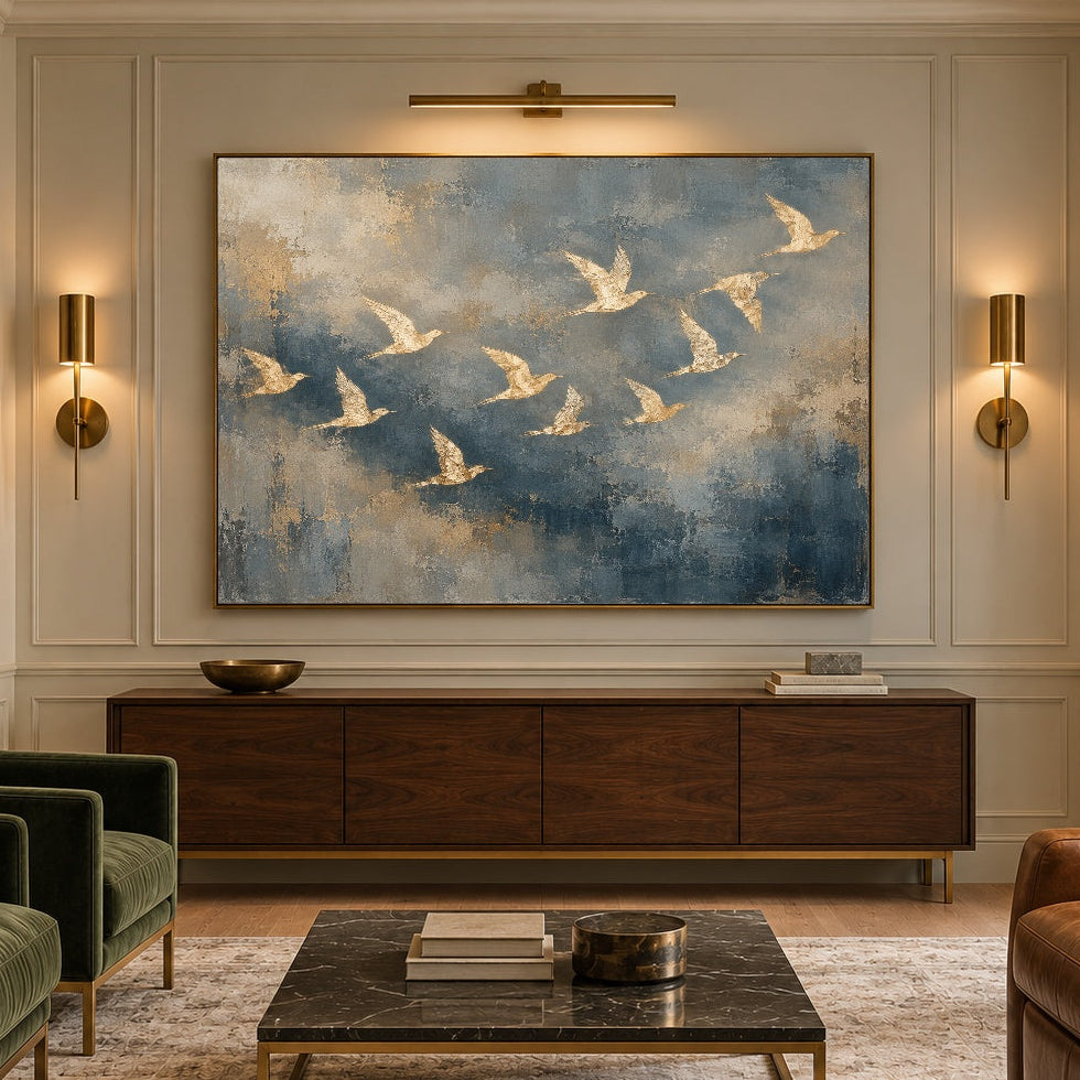 Blue Sky Golden Wings - front view hero - expressive contemporary art painting
