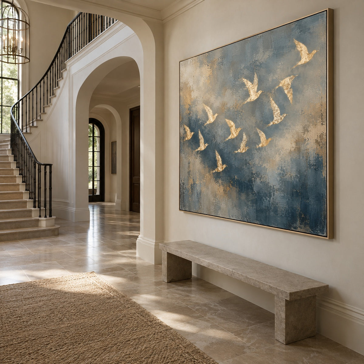 Blue Sky Golden Wings - oblique view - expressive contemporary art painting