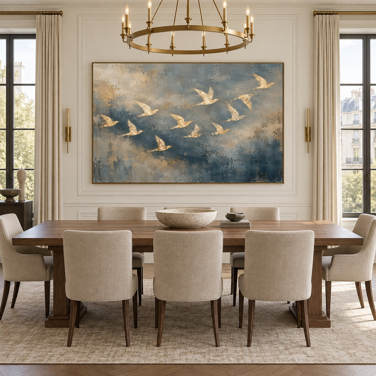 Blue Sky Golden Wings - interior setting 04 - expressive contemporary art painting