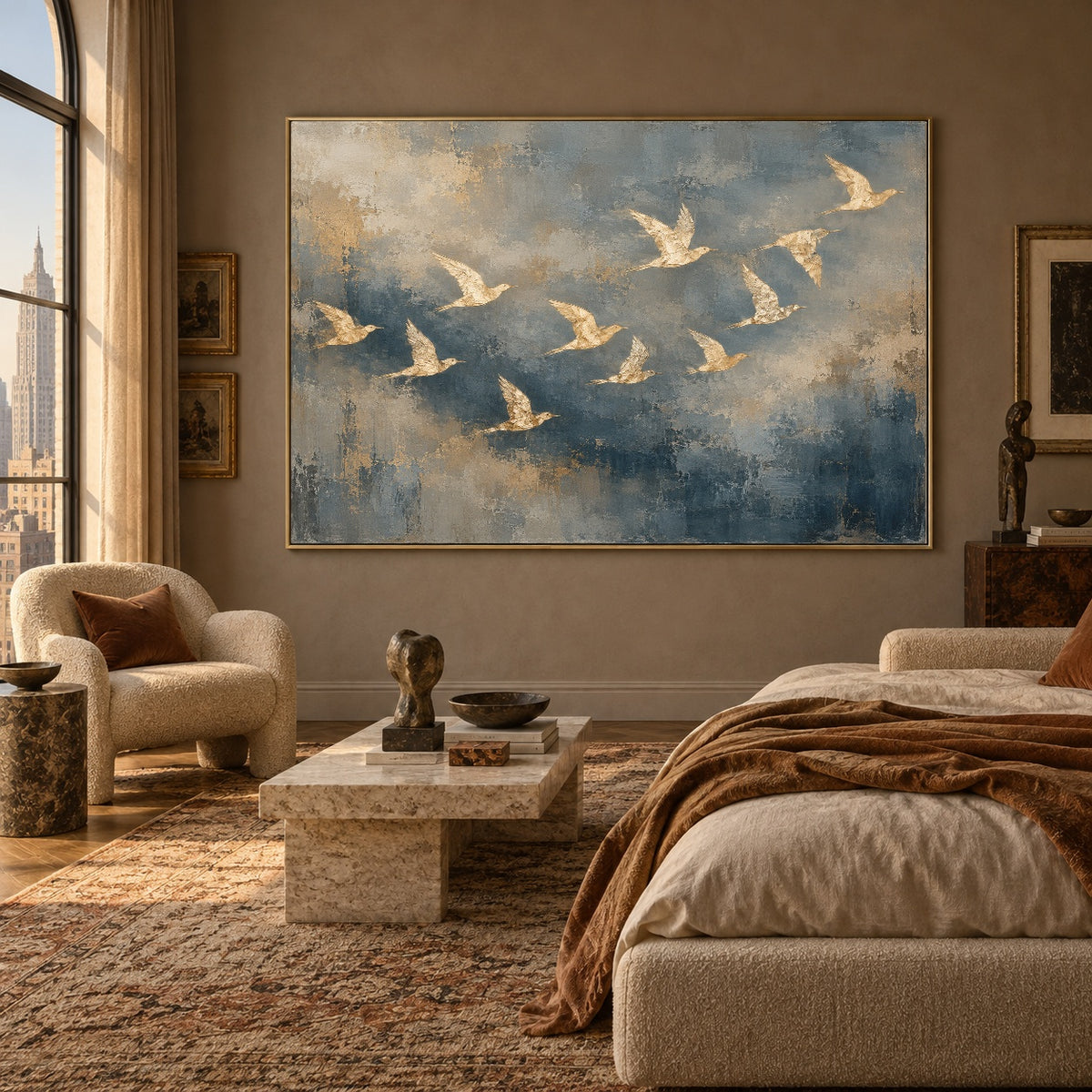 Blue Sky Golden Wings - interior setting 05 - expressive contemporary art painting
