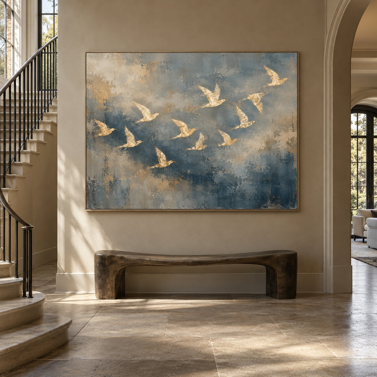 Blue Sky Golden Wings - interior setting 06 - expressive contemporary art painting