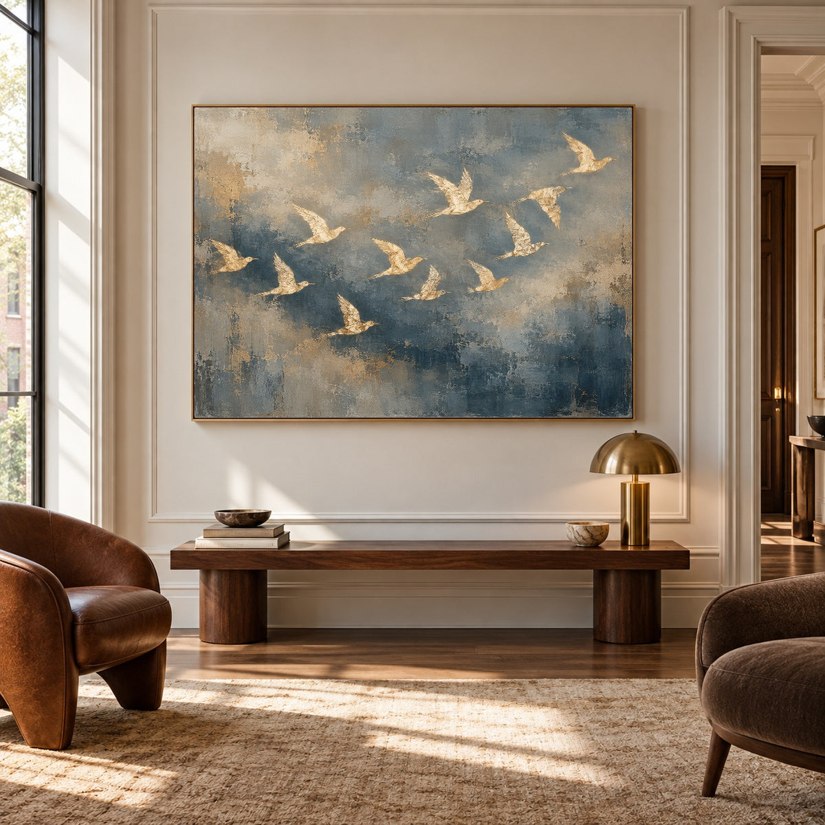 Blue Sky Golden Wings - interior setting 08 - expressive contemporary art painting