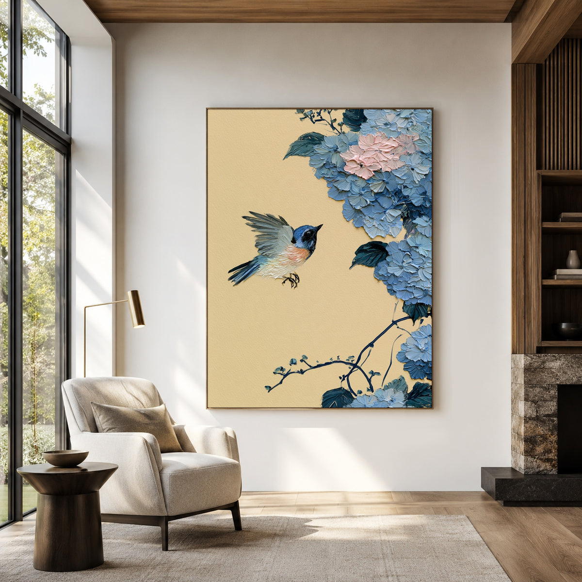 Blue Wings Among Hydrangeas - front-view living-room hero - expressive contemporary art painting