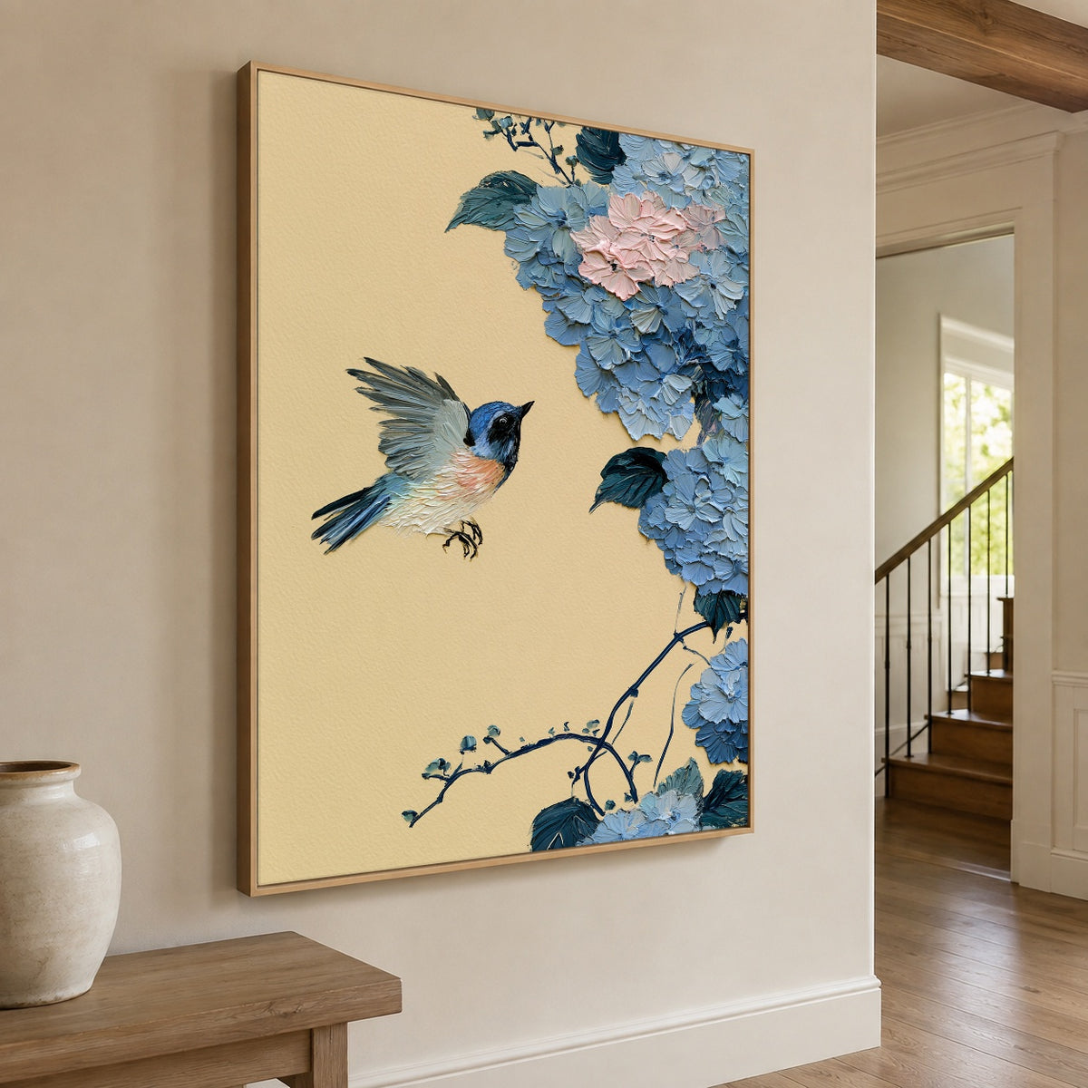Blue Wings Among Hydrangeas - oblique view - expressive contemporary art painting
