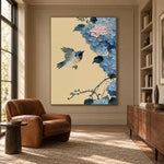 Blue Wings Among Hydrangeas - interior setting 3 - expressive contemporary art painting