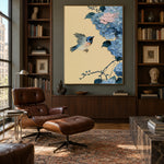 Blue Wings Among Hydrangeas - interior setting 4 - expressive contemporary art painting