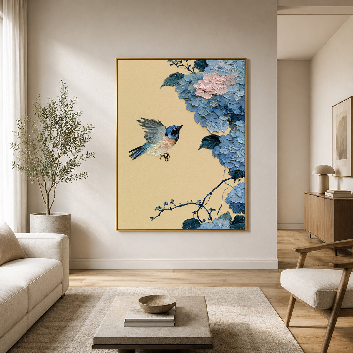 Blue Wings Among Hydrangeas - interior setting 5 - expressive contemporary art painting