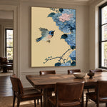 Blue Wings Among Hydrangeas - interior setting 6 - expressive contemporary art painting