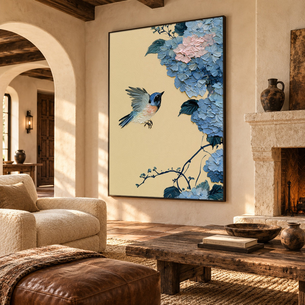 Blue Wings Among Hydrangeas - interior setting 8 - expressive contemporary art painting