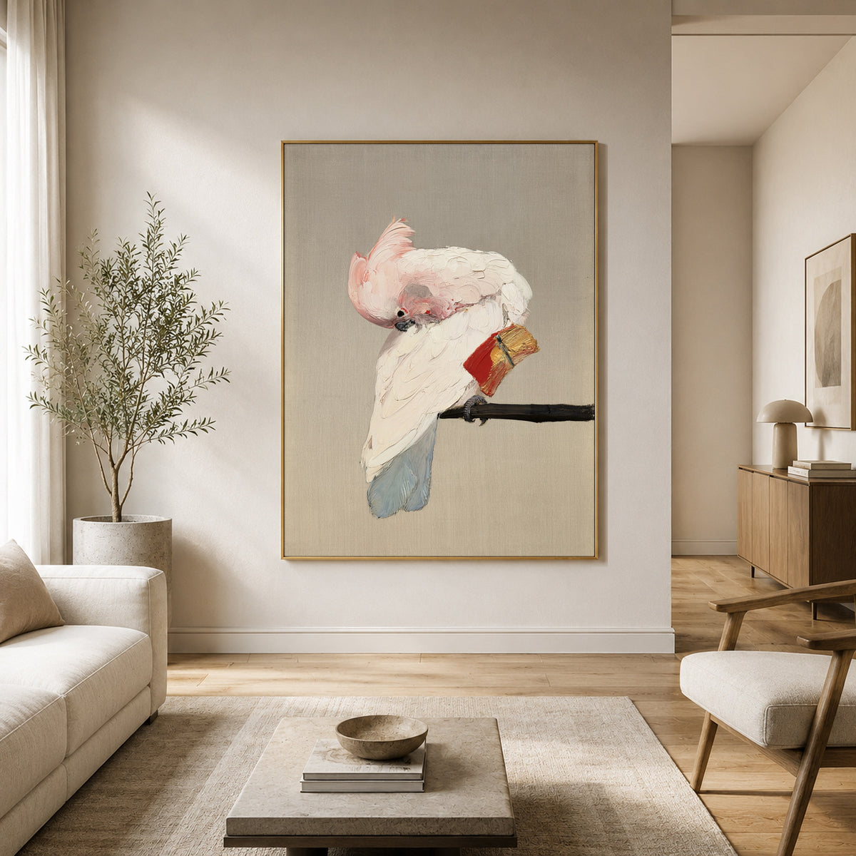 Blush Feather Reverie - front-view living-room hero - expressive contemporary art painting