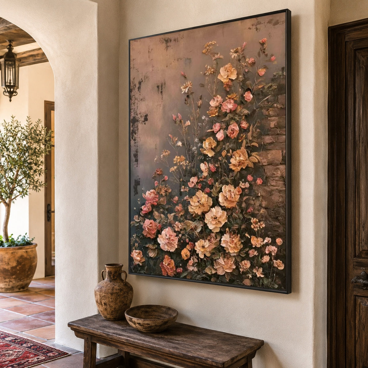 Climbing Peach Roses - oblique view - expressive contemporary art painting