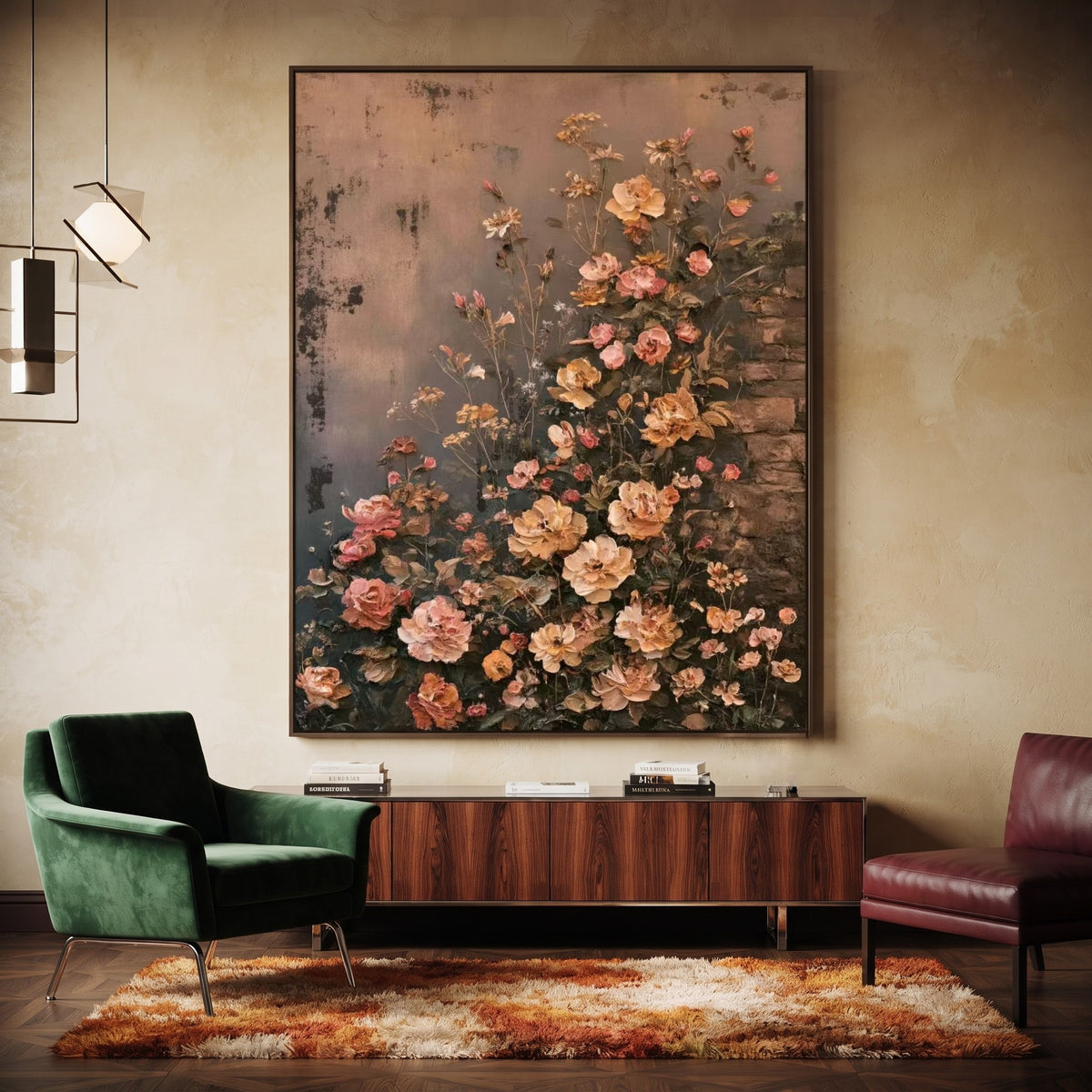Climbing Peach Roses - interior setting 3 - expressive contemporary art painting