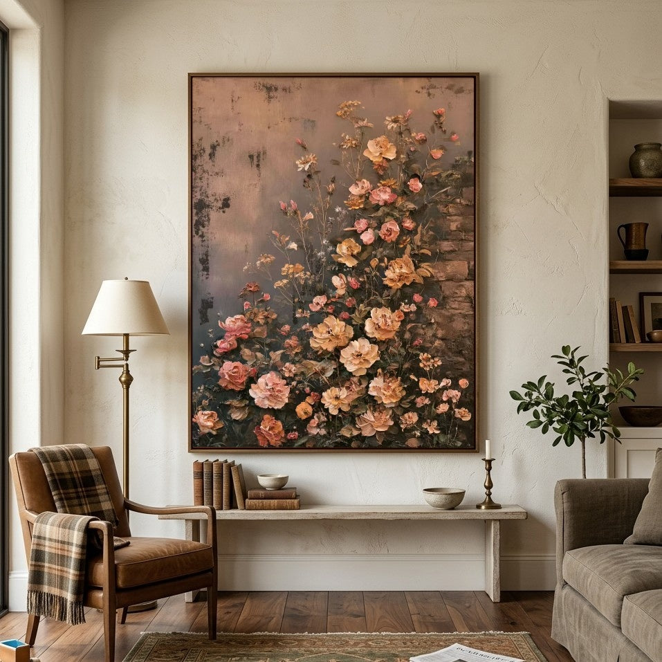Climbing Peach Roses - interior setting 4 - expressive contemporary art painting