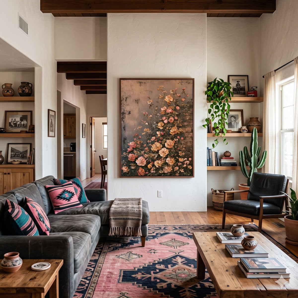 Climbing Peach Roses - interior setting 6 - expressive contemporary art painting