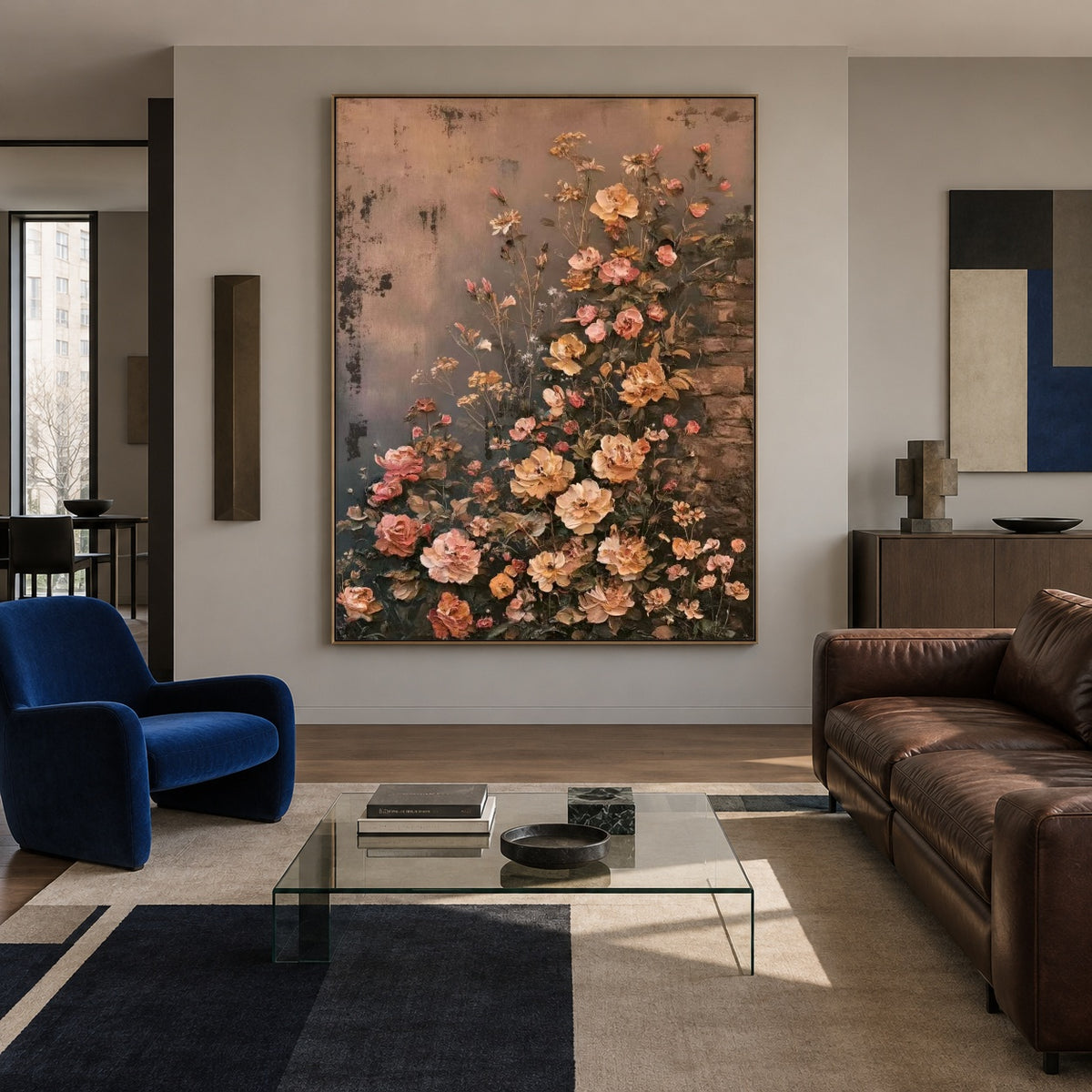 Climbing Peach Roses - interior setting 7 - expressive contemporary art painting