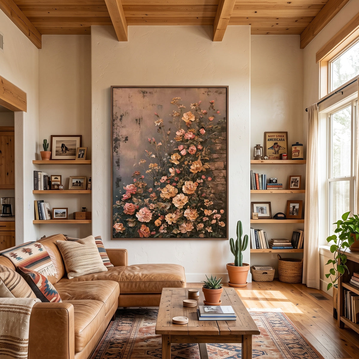 Climbing Peach Roses - interior setting 8 - expressive contemporary art painting