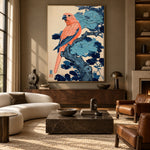 Coral Bird Blue Bough - front-view living-room hero - expressive contemporary art painting