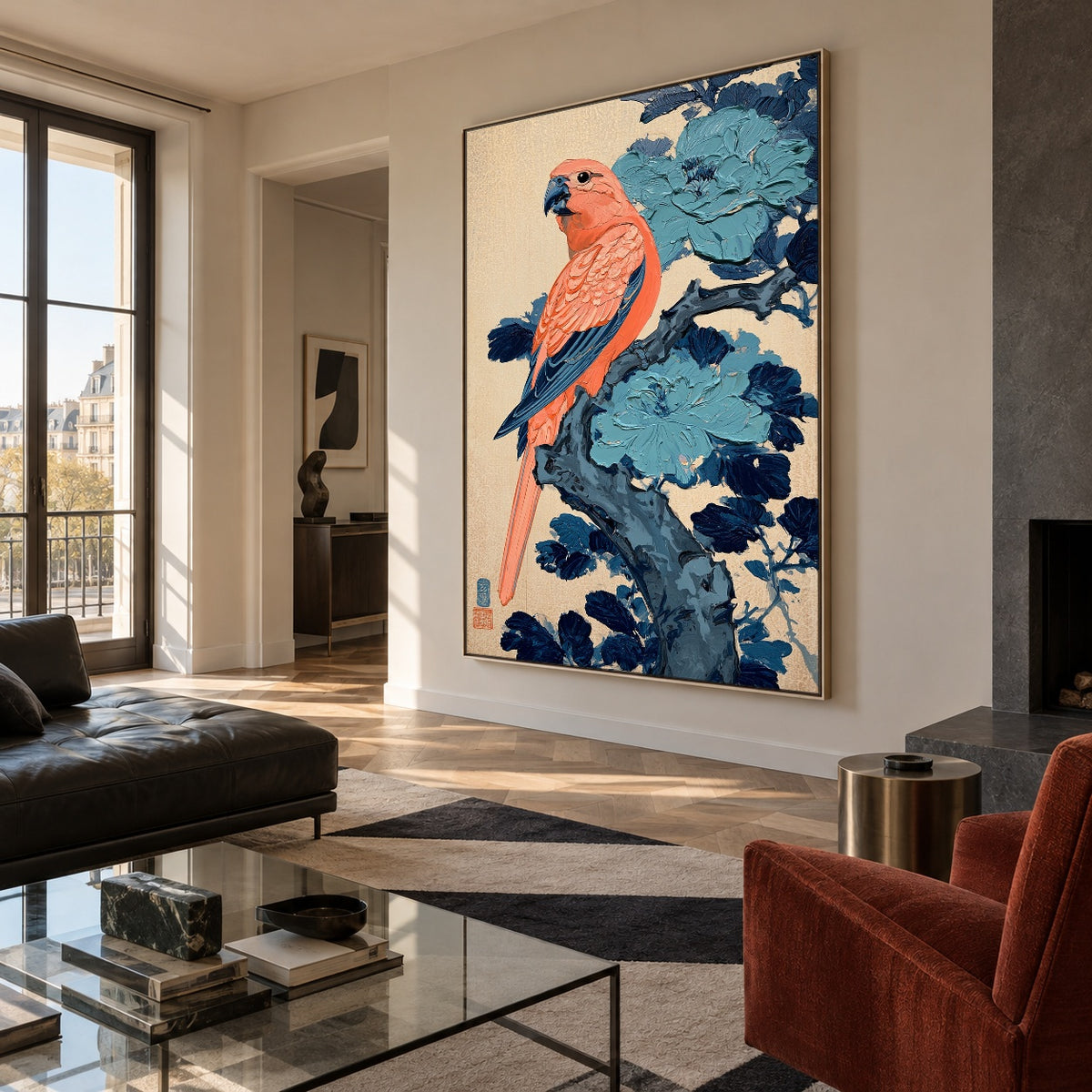 Coral Bird Blue Bough - oblique view - expressive contemporary art painting