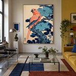 Coral Bird Blue Bough - interior setting 3 - expressive contemporary art painting