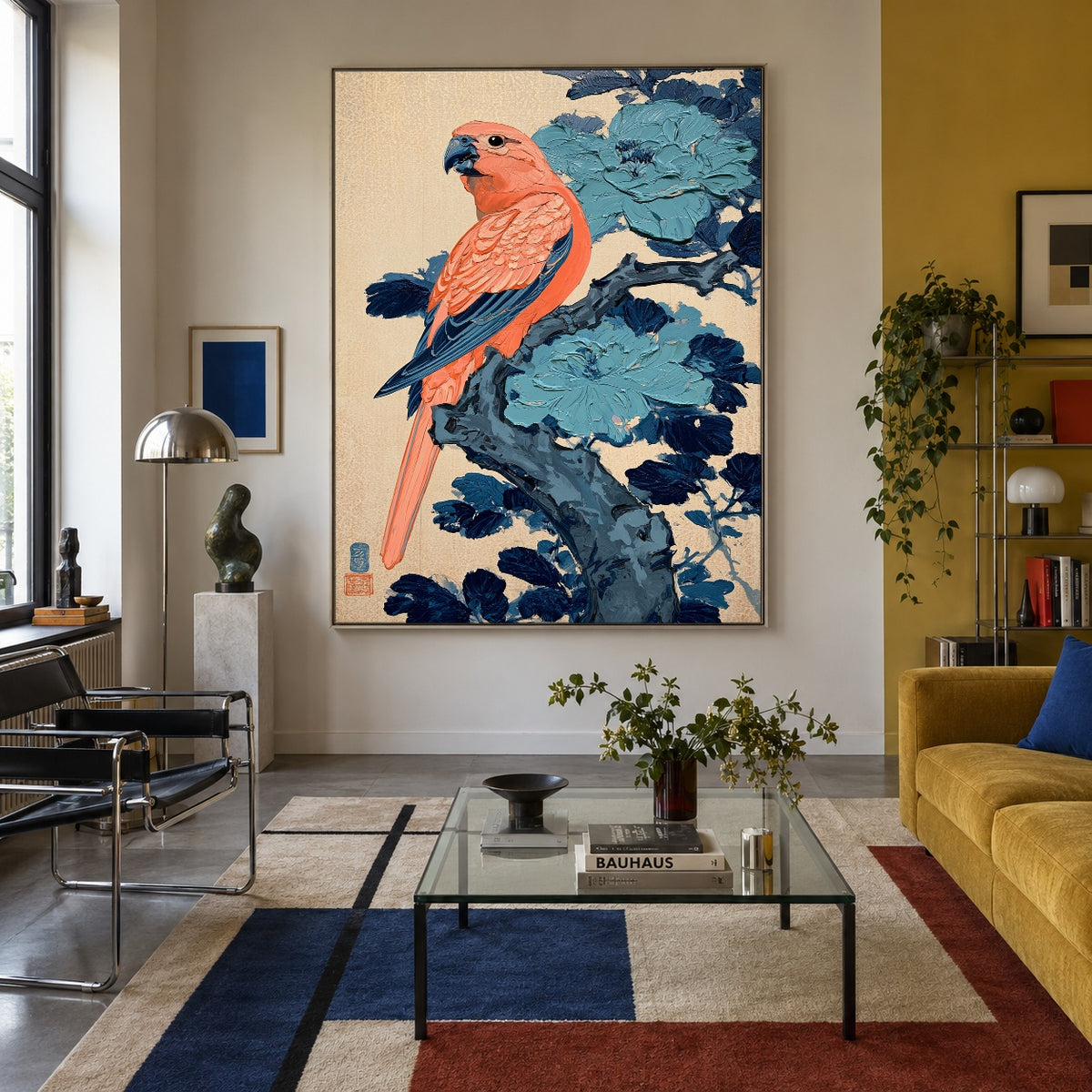 Coral Bird Blue Bough - interior setting 3 - expressive contemporary art painting