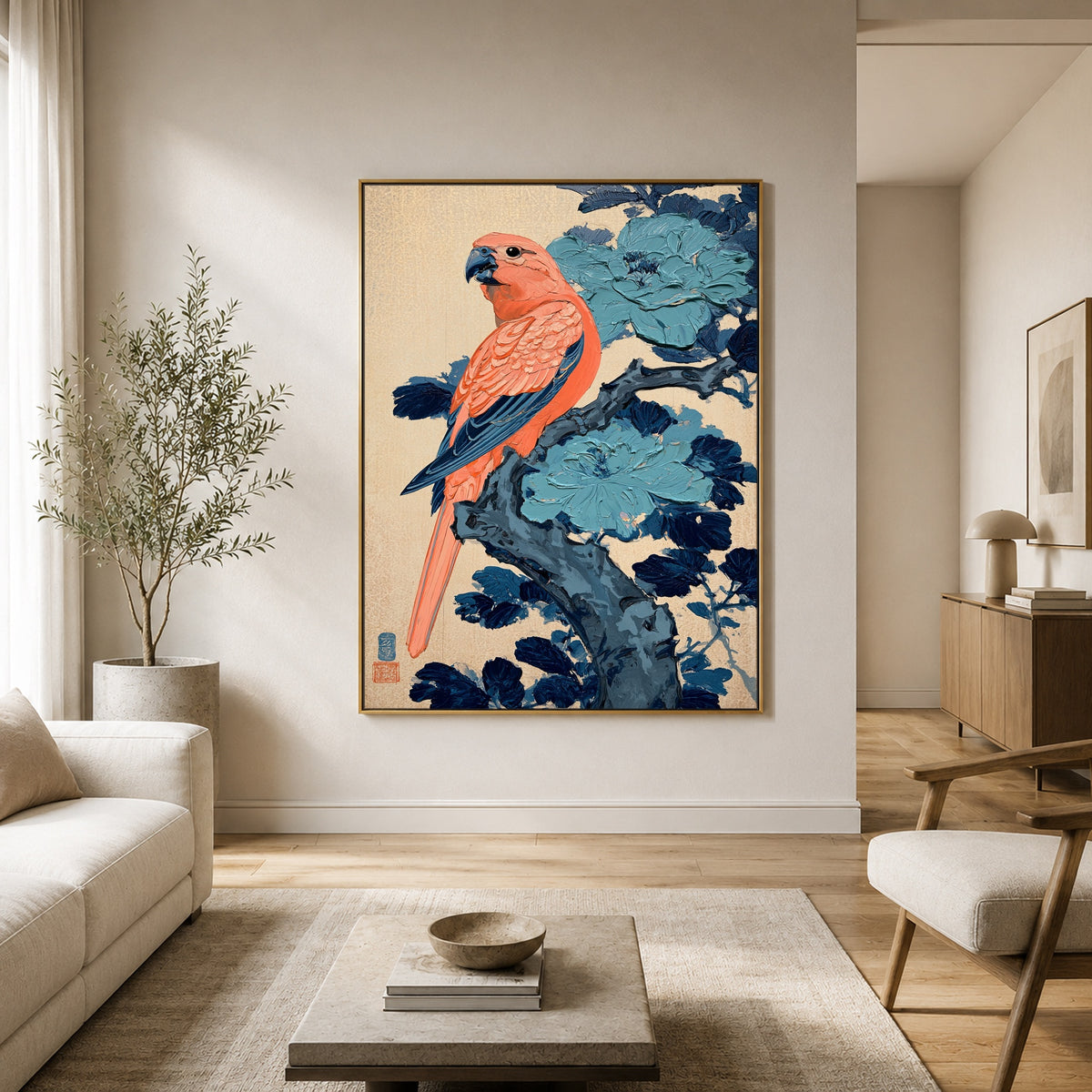 Coral Bird Blue Bough - interior setting 4 - expressive contemporary art painting