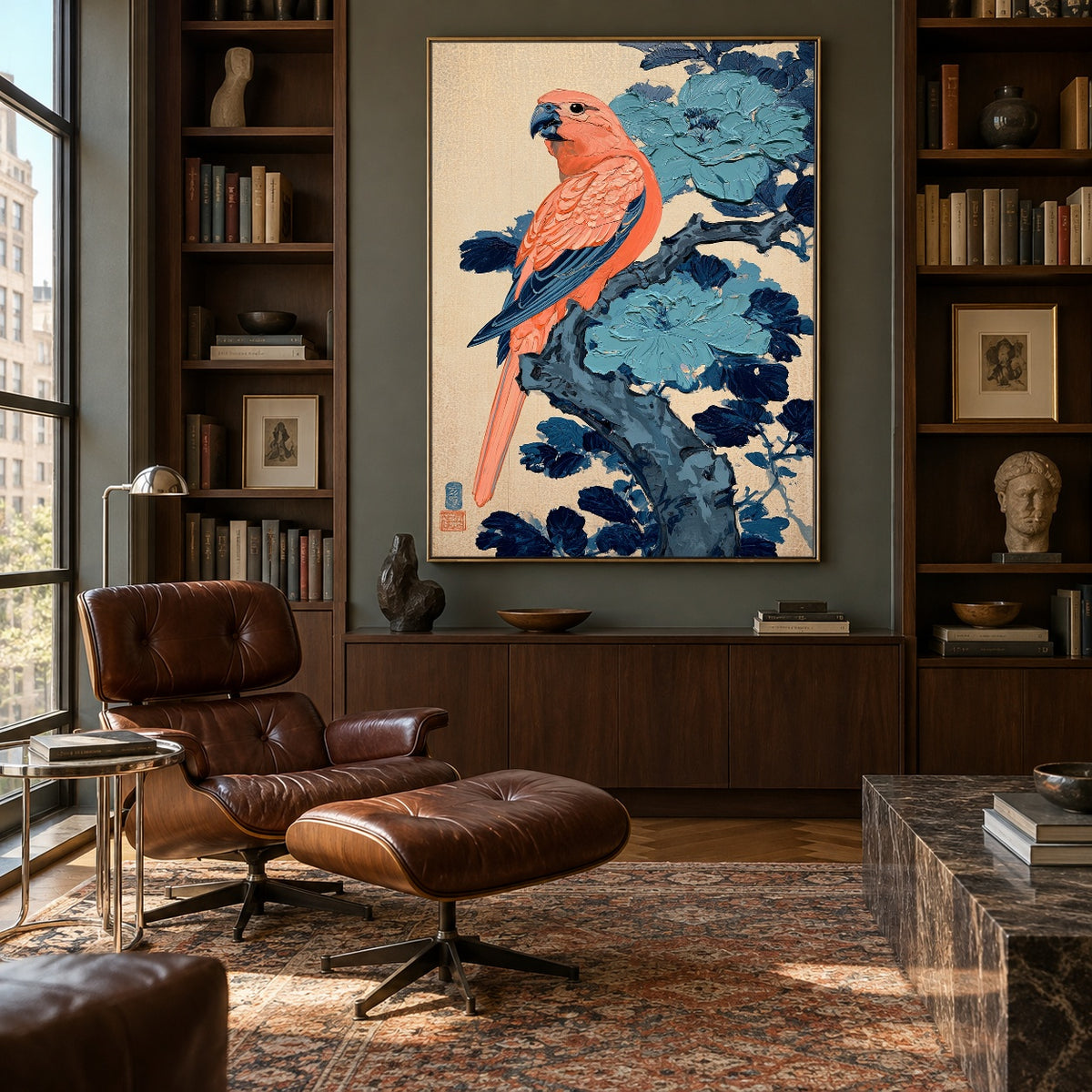 Coral Bird Blue Bough - interior setting 5 - expressive contemporary art painting