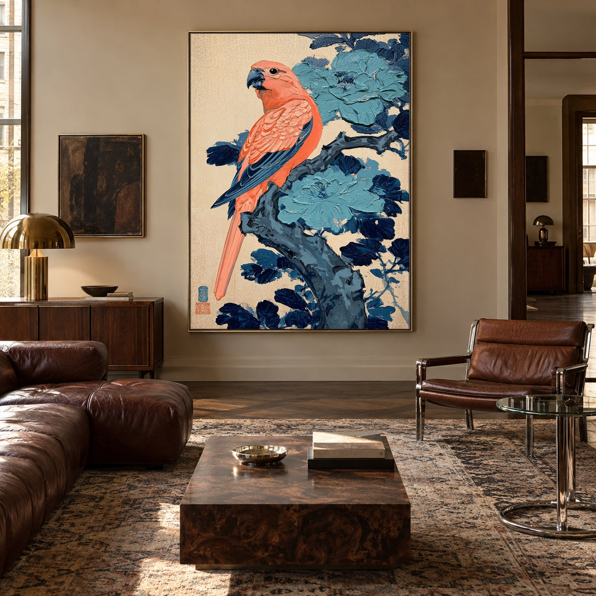 Coral Bird Blue Bough - interior setting 6 - expressive contemporary art painting