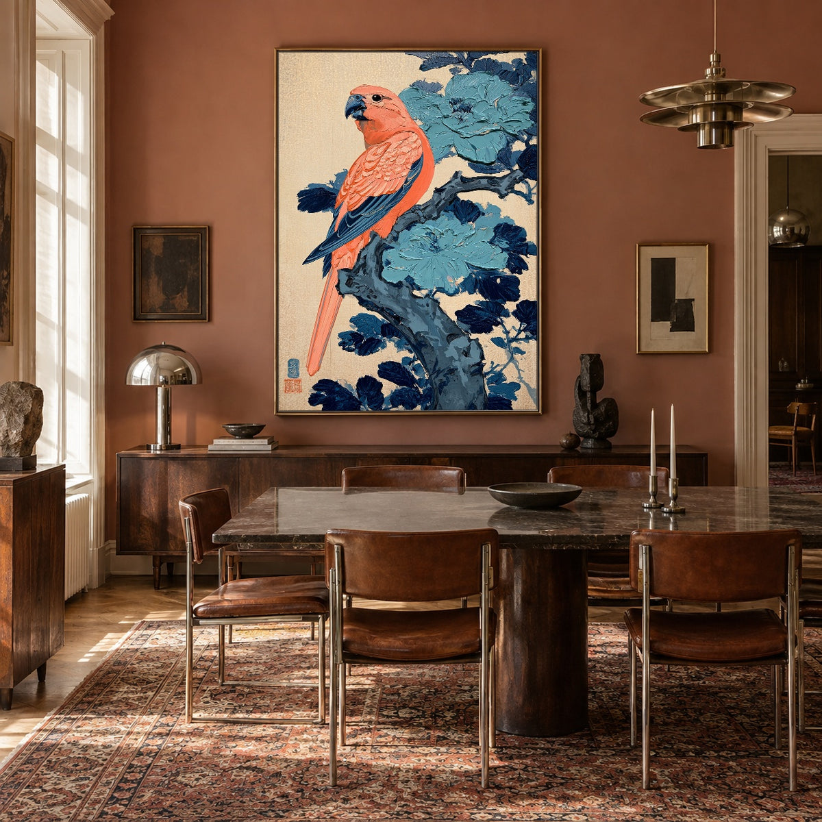 Coral Bird Blue Bough - interior setting 7 - expressive contemporary art painting