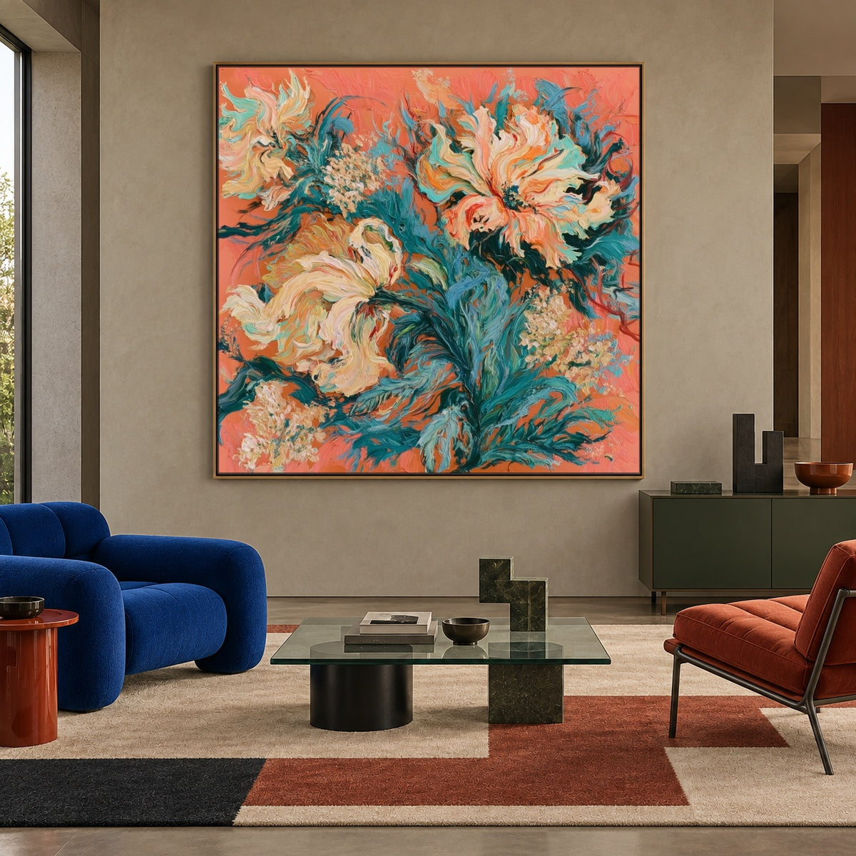 Coral Petal Current - front-view living-room hero - expressive contemporary art painting