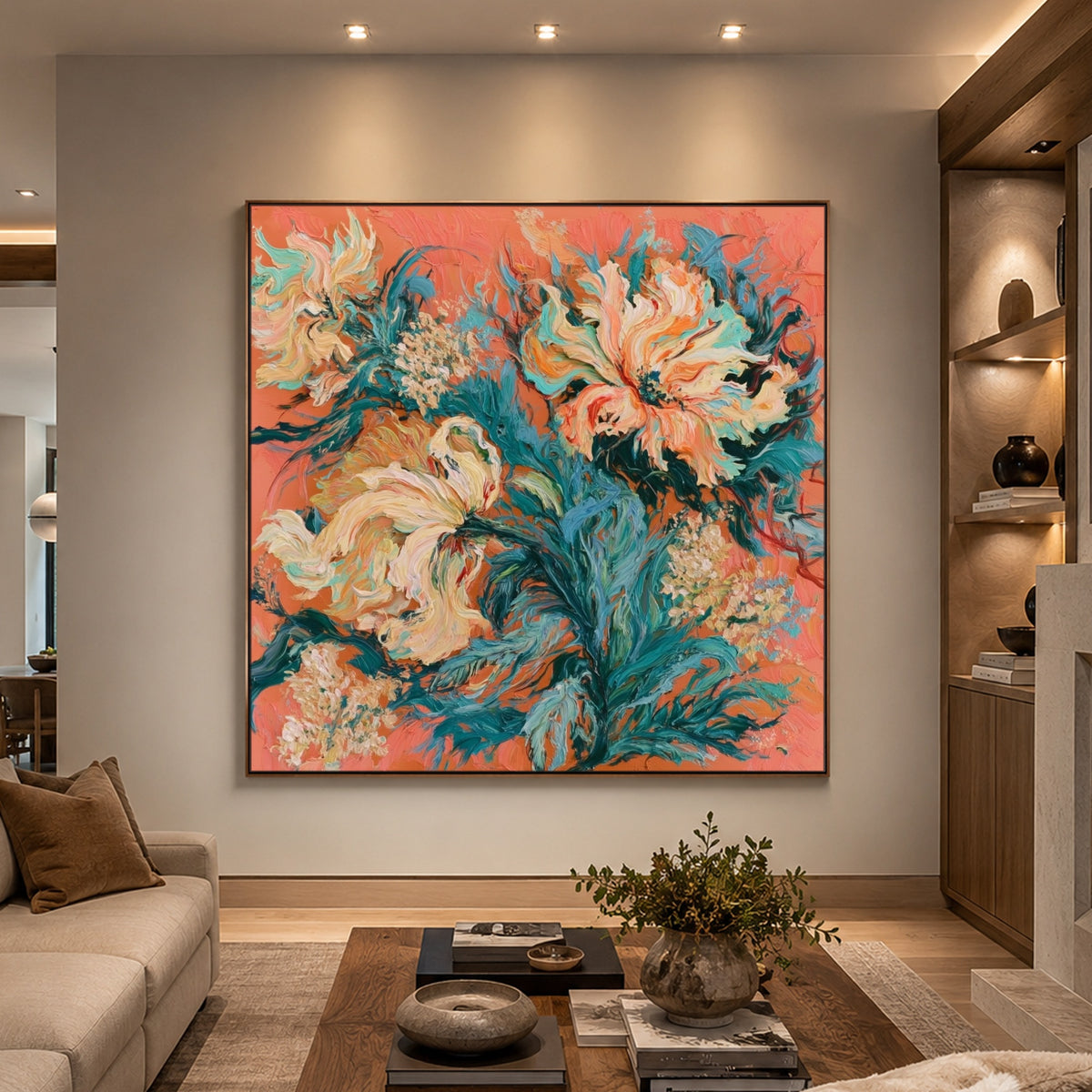 Coral Petal Current - interior setting 4 - expressive contemporary art painting