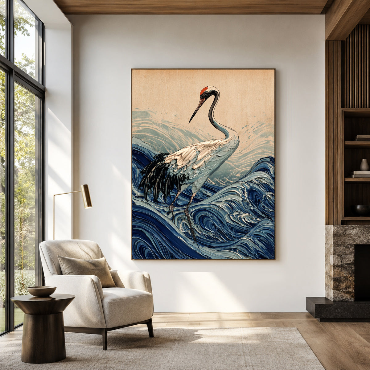 Crane Above Curling Waves - front-view living-room hero - expressive contemporary art painting