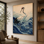 Crane Above Curling Waves - oblique view - expressive contemporary art painting