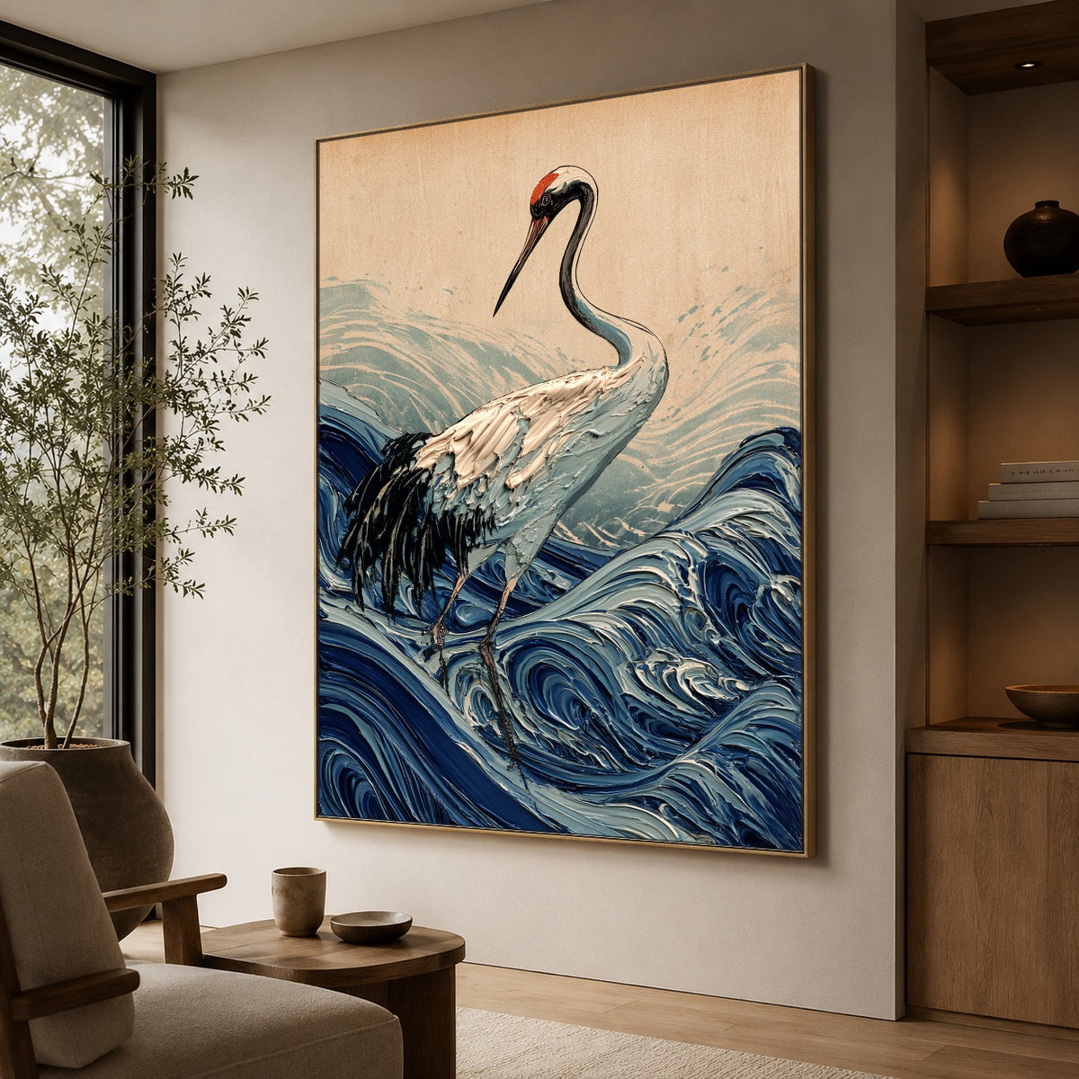Crane Above Curling Waves - oblique view - expressive contemporary art painting