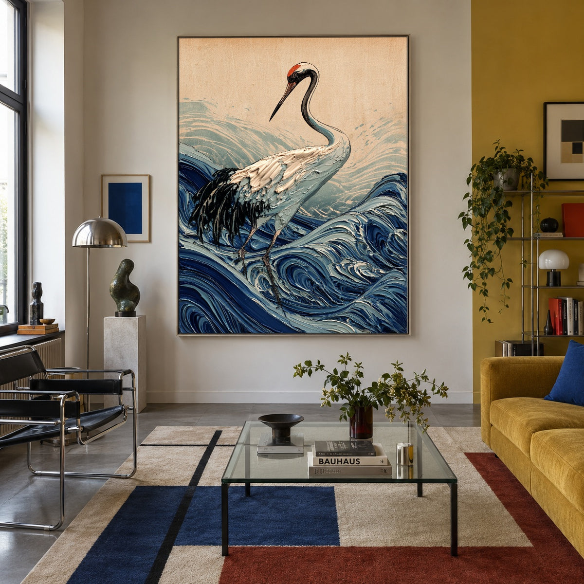 Crane Above Curling Waves - interior setting 4 - expressive contemporary art painting