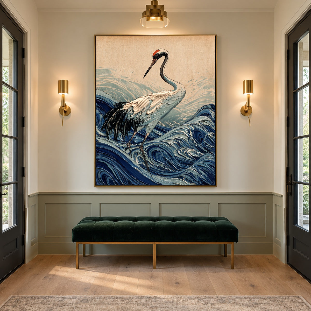 Crane Above Curling Waves - interior setting 6 - expressive contemporary art painting