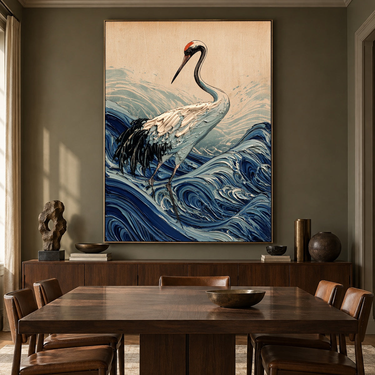 Crane Above Curling Waves - interior setting 8 - expressive contemporary art painting