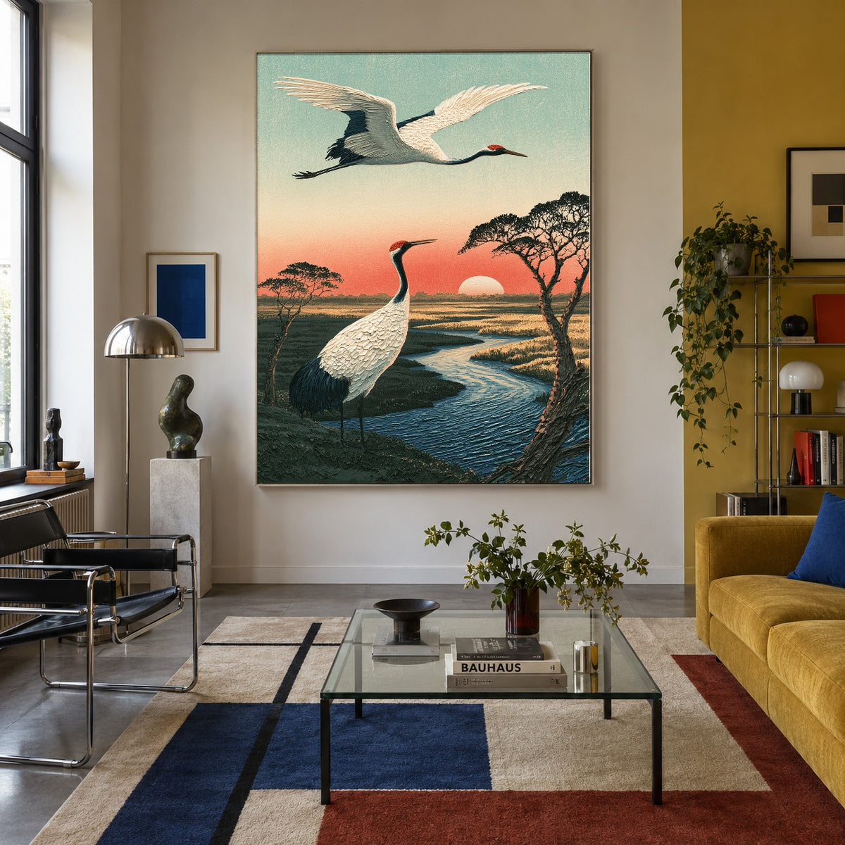 Cranes Along Sunset Water - front-view living-room hero - expressive contemporary art painting