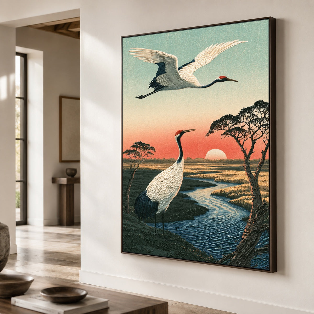 Cranes Along Sunset Water - oblique view - expressive contemporary art painting