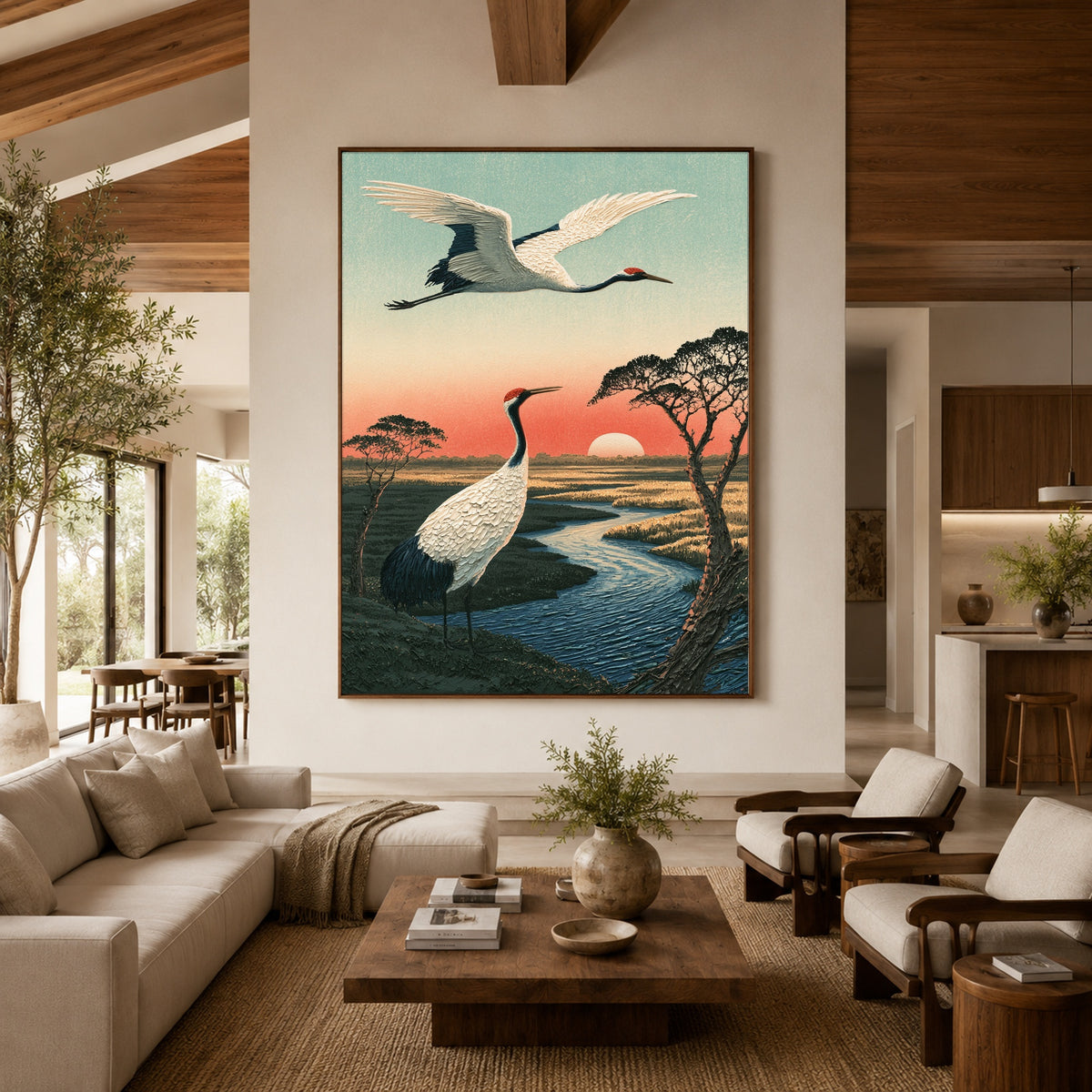 Cranes Along Sunset Water - interior setting 3 - expressive contemporary art painting