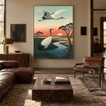 Cranes Along Sunset Water - interior setting 4 - expressive contemporary art painting