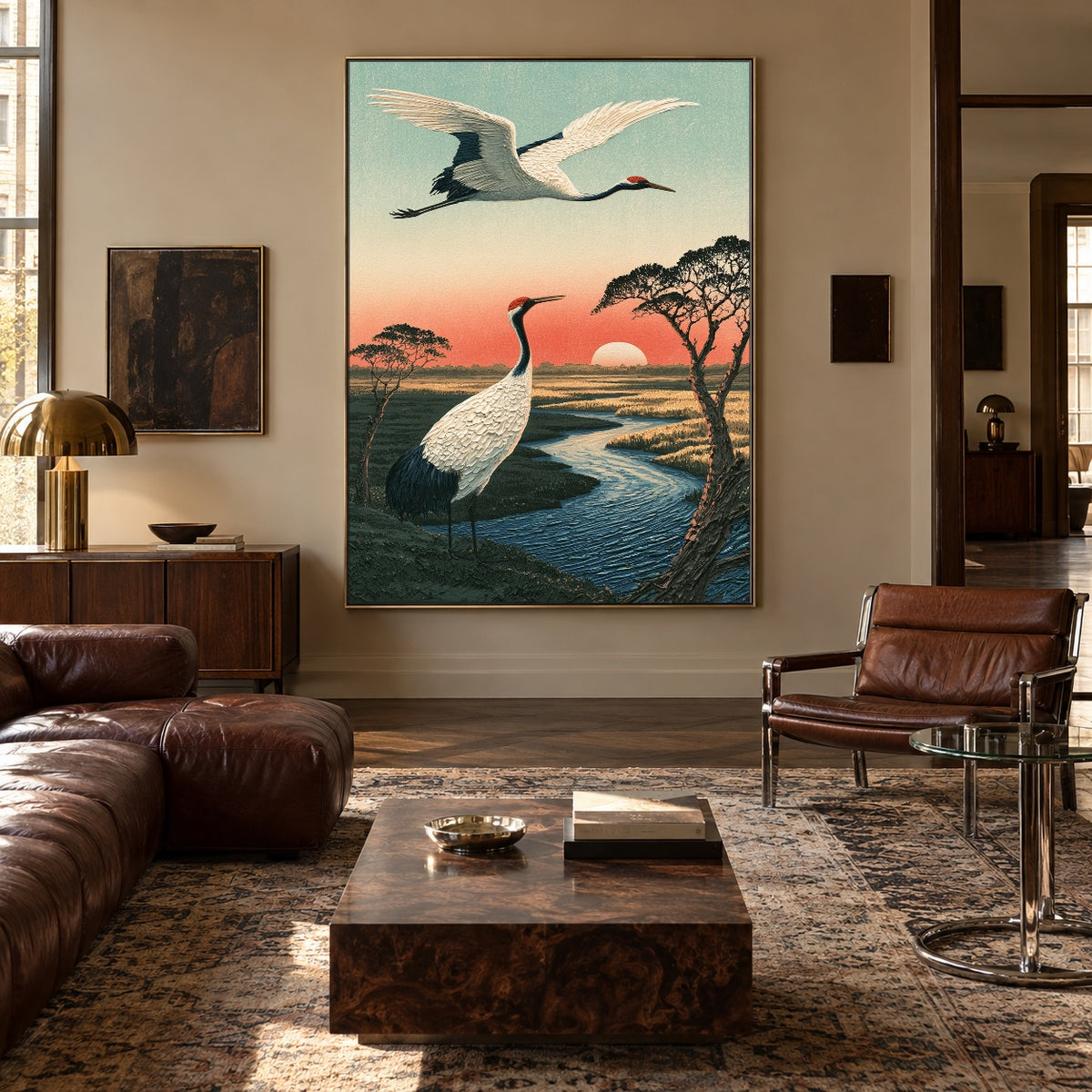 Cranes Along Sunset Water - interior setting 4 - expressive contemporary art painting